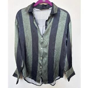 WB WithBlack Long Sleeve Satin Blouse Top Striped Shirt Black Green Women Sz S
